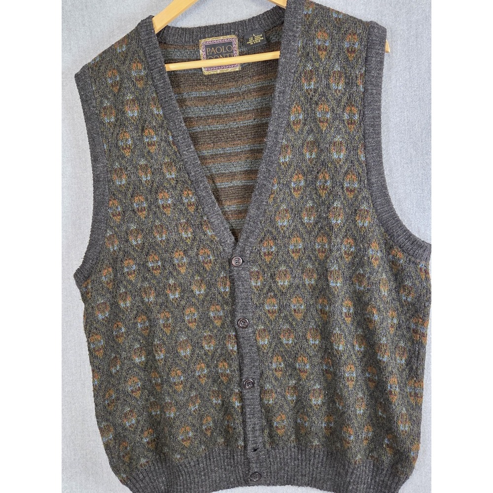 Vintage Mens L Vest PAOLO CONTI Wool Blend Geo Print Dad Grandpa Academia Preppy